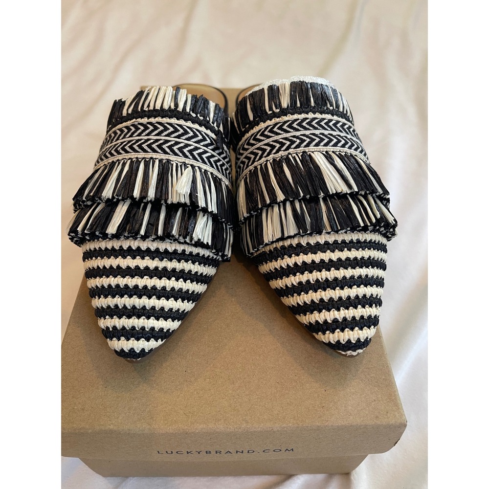 Lucky Brand Baoss Mules Black Natural Woven Pele Tape Fringe Pointed Toe Flats - Picture 5 of 8
